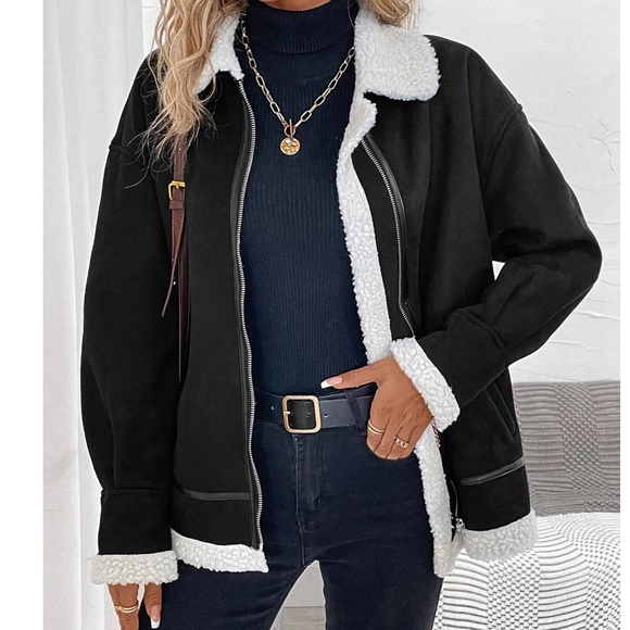 Luxe Vegan Suede Sherpa Lined Zip up Jacket Coat - Picture 3 of 9
